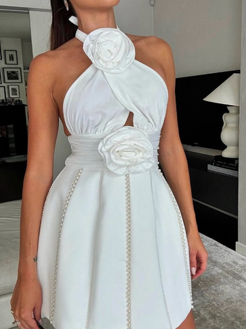 Charming A Line Halter 3D Floral Pearls Satin Short Homecoming Dress Birthday Dress HZ1023
